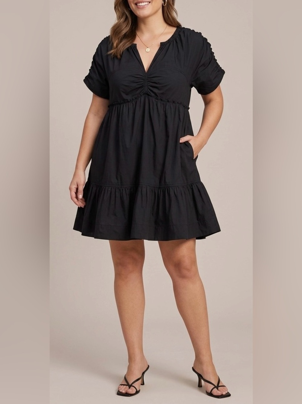 Tanya Taylor Black Tiered Cotton V-Neck Mini Dress Size XL - Picture 1 of 7